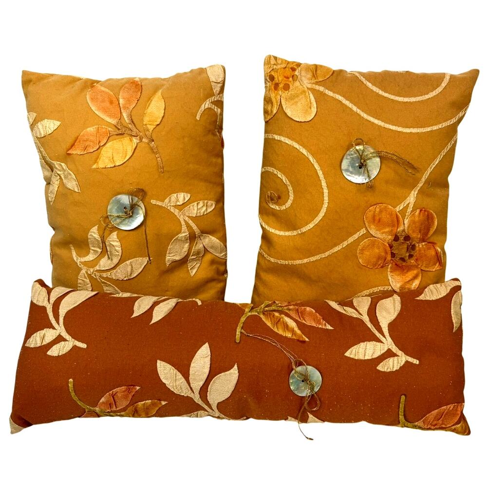 3-Piece Autumn Floral Appliqué Decorative Pillow Set with Shell Button Accents